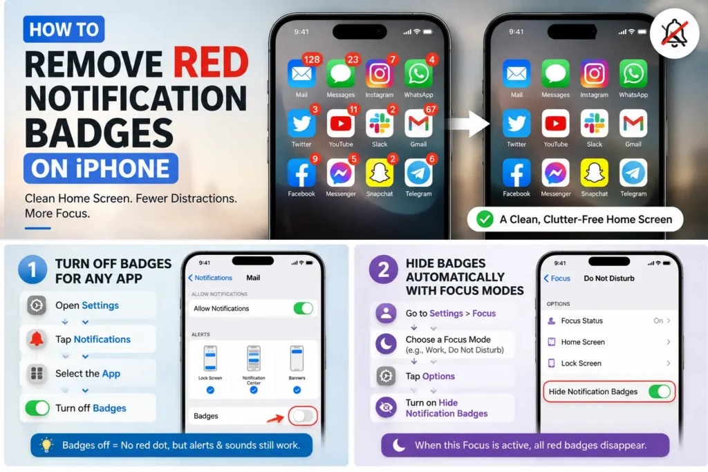 How to remove red notification badges on iPhone using app settings, Focus modes,