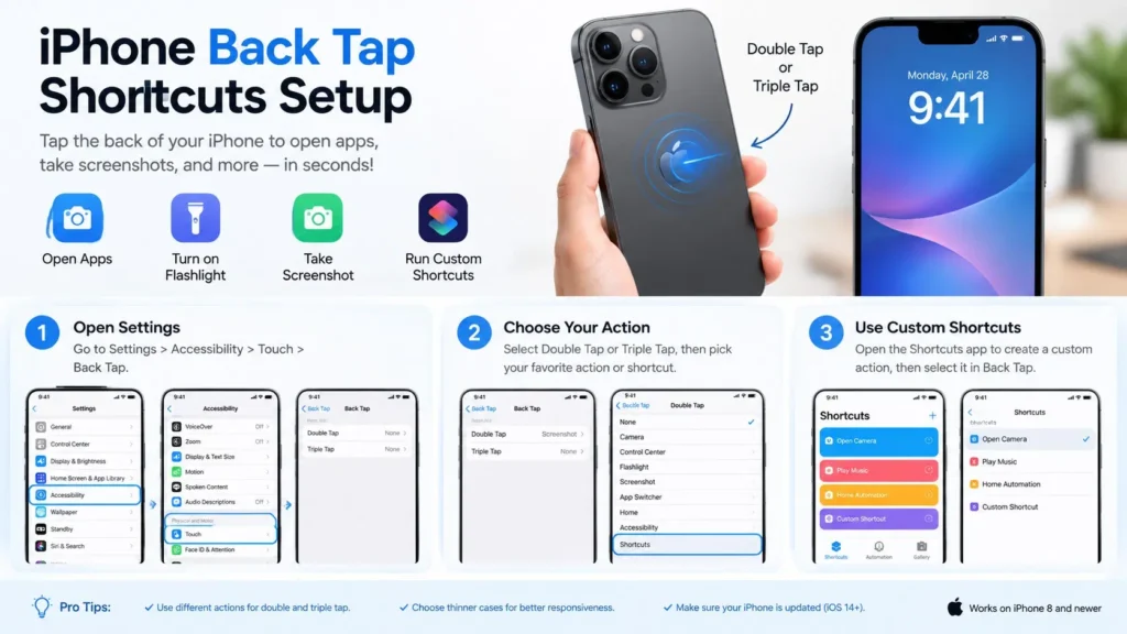 iPhone Back Tap shortcuts setup showing Settings Accessibility Touch and Back Tap steps