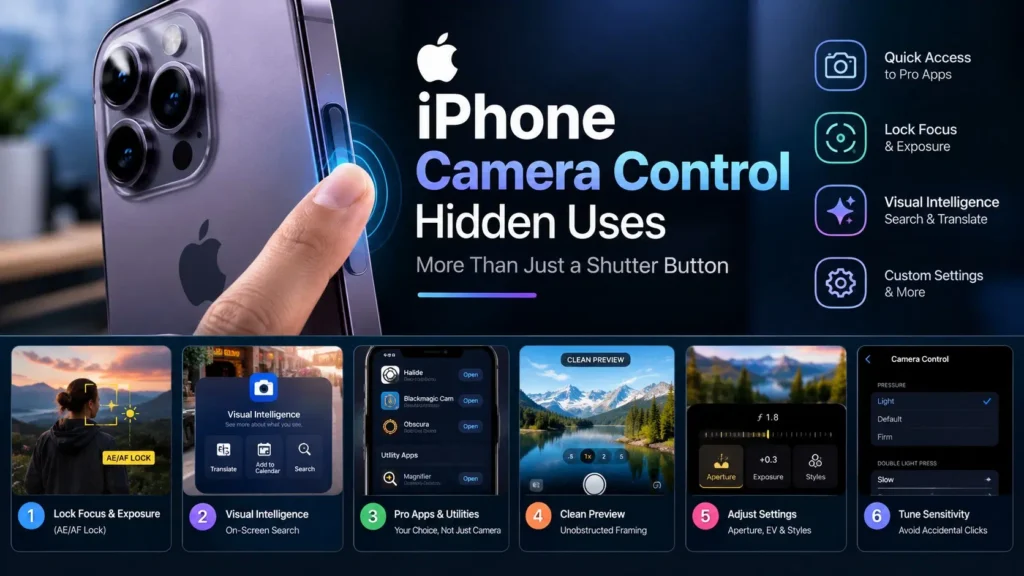 iPhone Camera Control hidden uses including AE AF Lock Visual Intelligence and pro camera apps