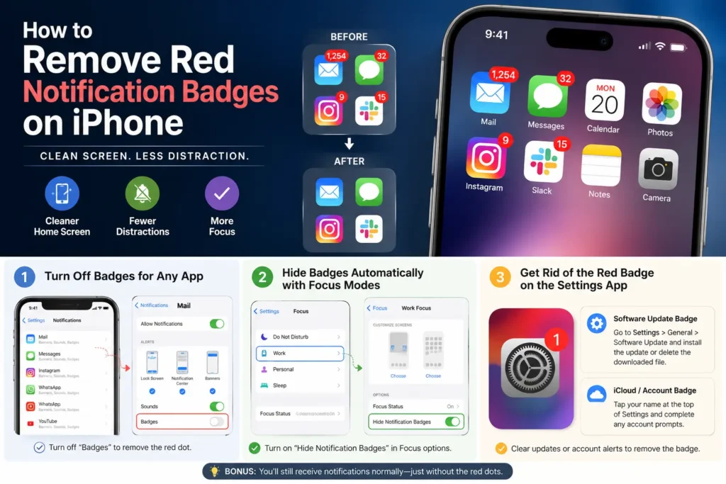 How to remove red notification badges on iPhone using app settings, Focus modes, and Settings alerts